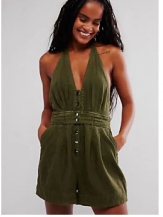 Free People Pants - NWT Free People Olive Halter Button-Front Linen Jumpsuit XS